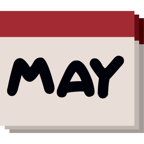 A simple, stylized representation of a calendar page. The main section of the calendar is a light gray square with the letters 'MAY' printed in large, bold, black font, indicating the month of May. Above this, there is a horizontal maroon header. Behind the front page, there are two additional pages slightly offset to the right and down.